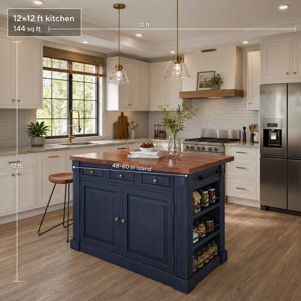 Medium kitchen with a blue kitchen island and a 48–60 inch island size label.