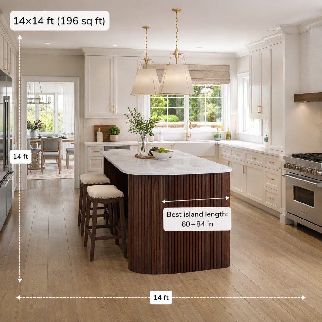Spacious kitchen with a large fluted island, two stools, and a 60–84 inch island size label.