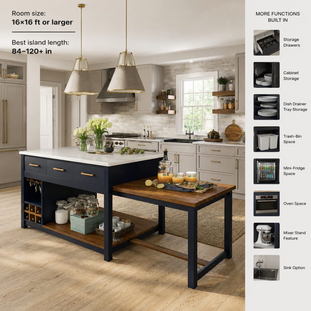 Large kitchen with an oversized island, extended prep counter, and feature icons showing storage and appliance options.