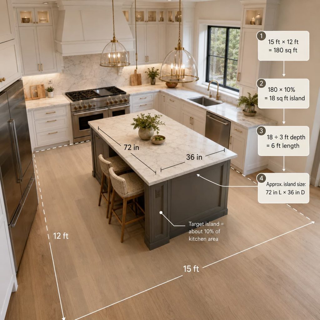 Modern 15 × 12 ft kitchen showing a 72 × 36 in island, with simple calculations illustrating the 10% kitchen-area sizing rule.