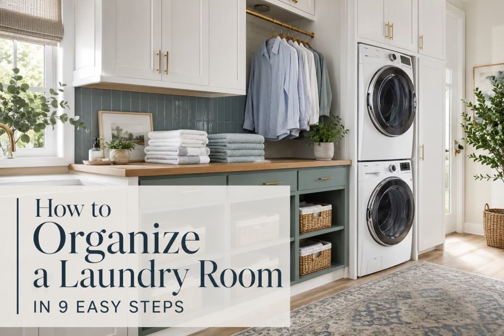 How to Organize Laundry Room in 9 Easy Steps — bright zones, wood counter, tidy storage