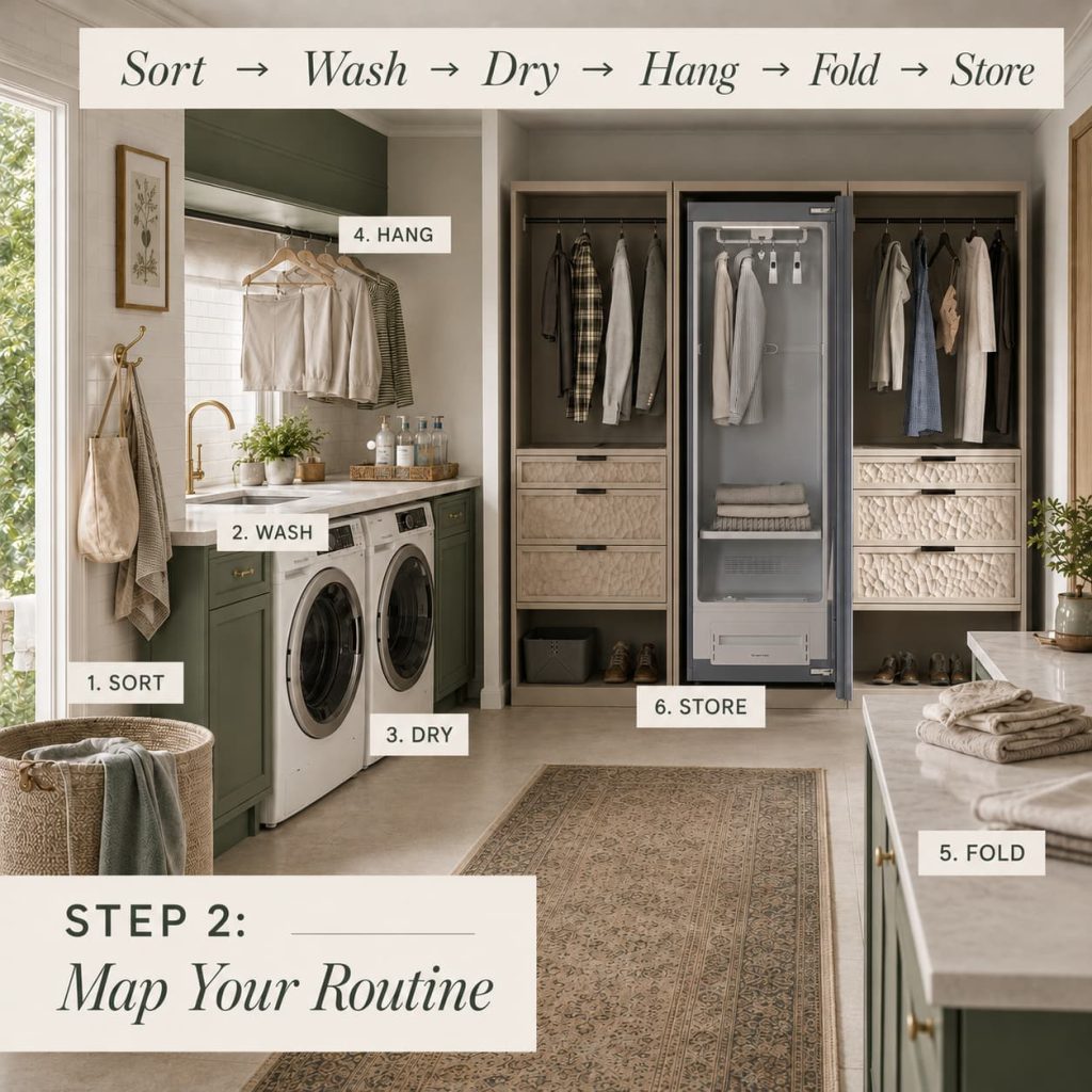 Laundry room laid out in sequence: hamper, washer, dryer, hanging rod, folding shelves.