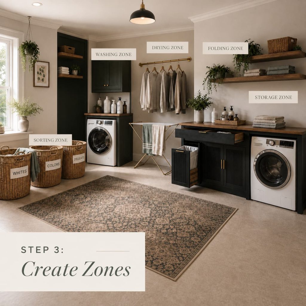 Laundry room split into five zones: sorting, washing, drying, folding, and storage