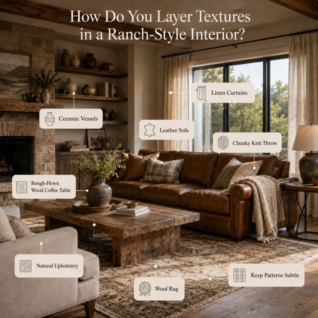 Modern ranch living room highlighting leather, linen, wool, raw wood, ceramics, and subtle patterns.