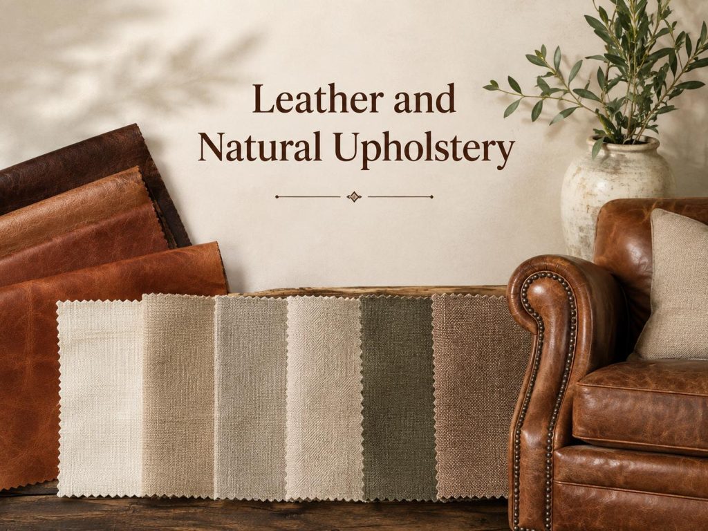 Ranch upholstery mood board with warm leather, natural fabrics, earthy tones, and a classic armchair.
