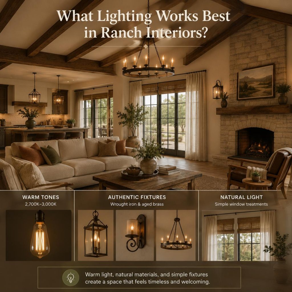 Ranch interior with warm lighting, iron fixtures, natural light, and simple linen window treatments.