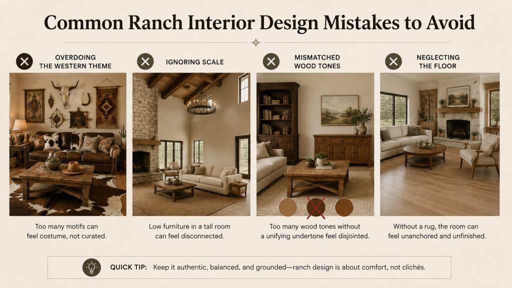Ranch interior mistakes showing excessive Western decor, poor scale, mismatched wood, and bare floors.