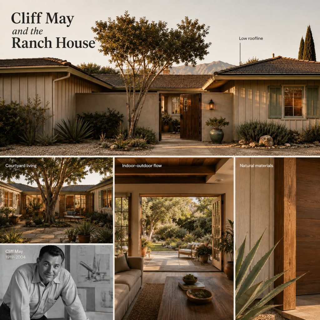 Cliff May and a classic California ranch home with low rooflines and indoor-outdoor living