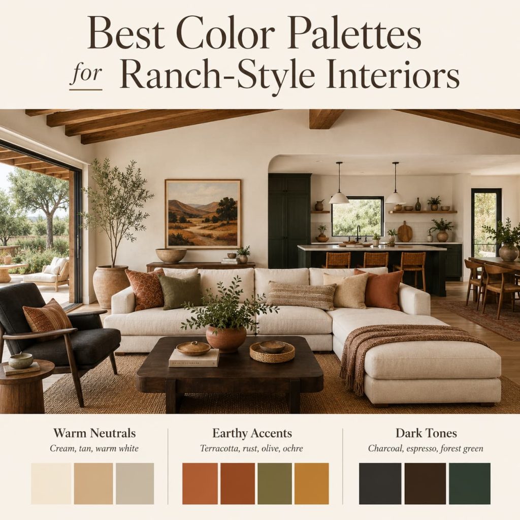 Ranch interior palette with warm neutrals, earthy accents, dark tones, and natural textures.