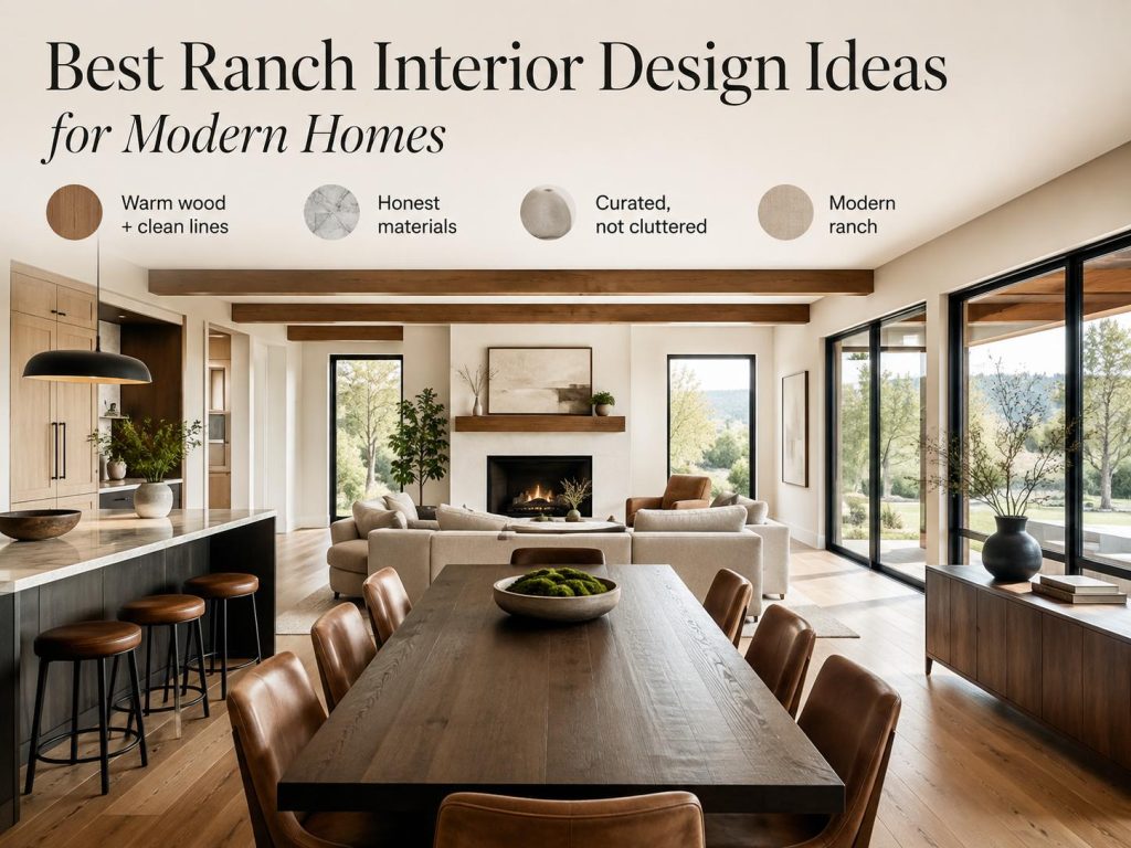 Modern ranch dining and living space with warm wood, clean lines, leather chairs, and natural light.