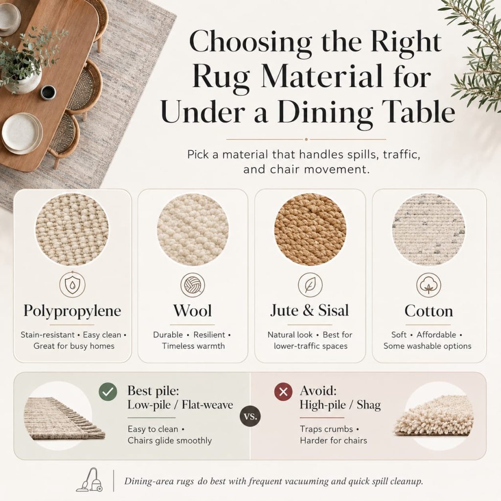Dining rug material guide comparing polypropylene, wool, jute, sisal, and cotton, plus low-pile versus high-pile options for easy dining use.