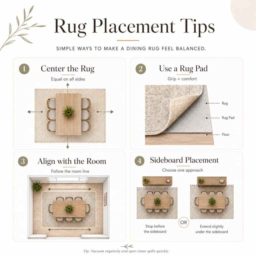 Dining rug placement tips showing centered rugs, rug pads, room alignment, and sideboard placement for a balanced, functional dining space.