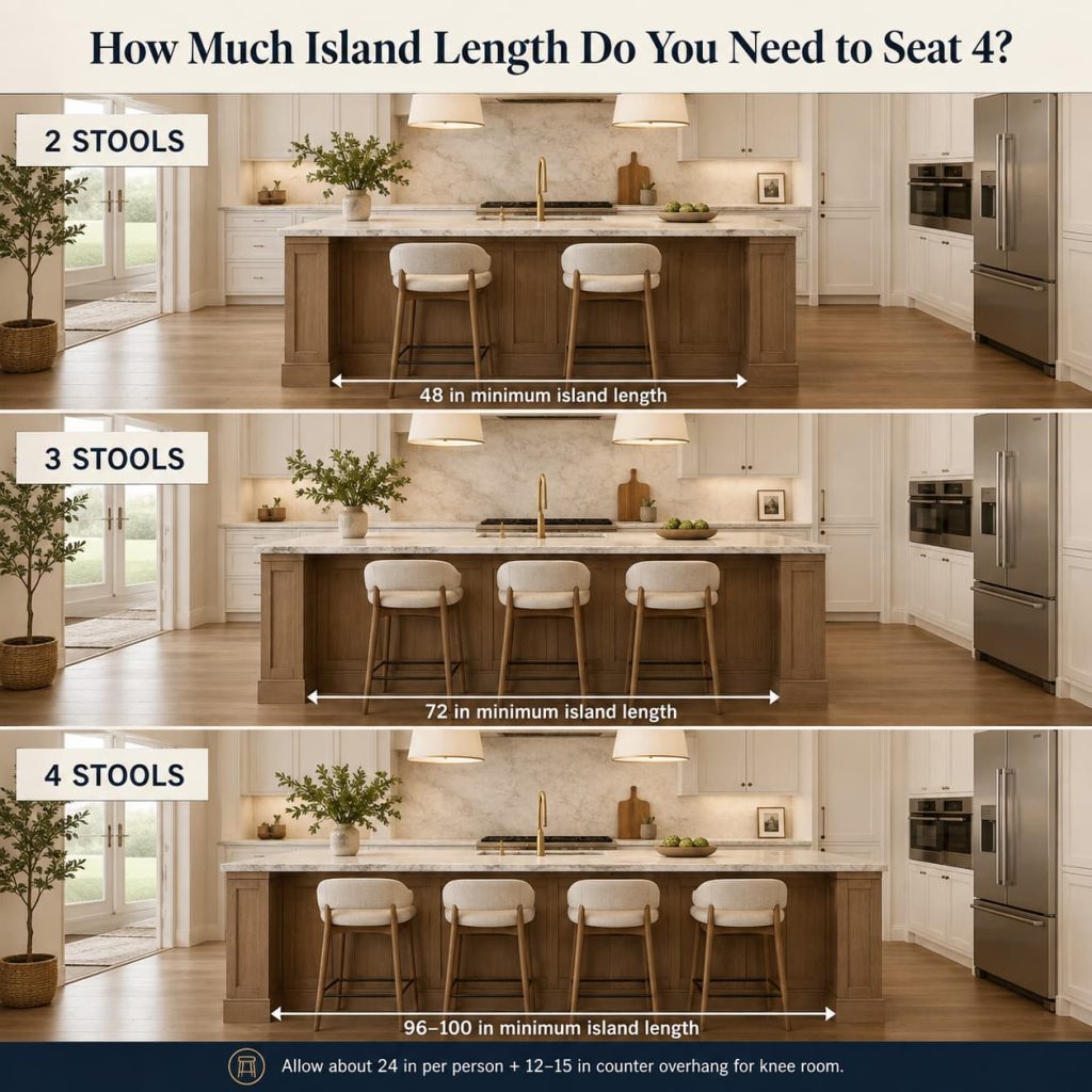 Kitchen island seating guide comparing 2, 3, and 4 stools with recommended island lengths.
