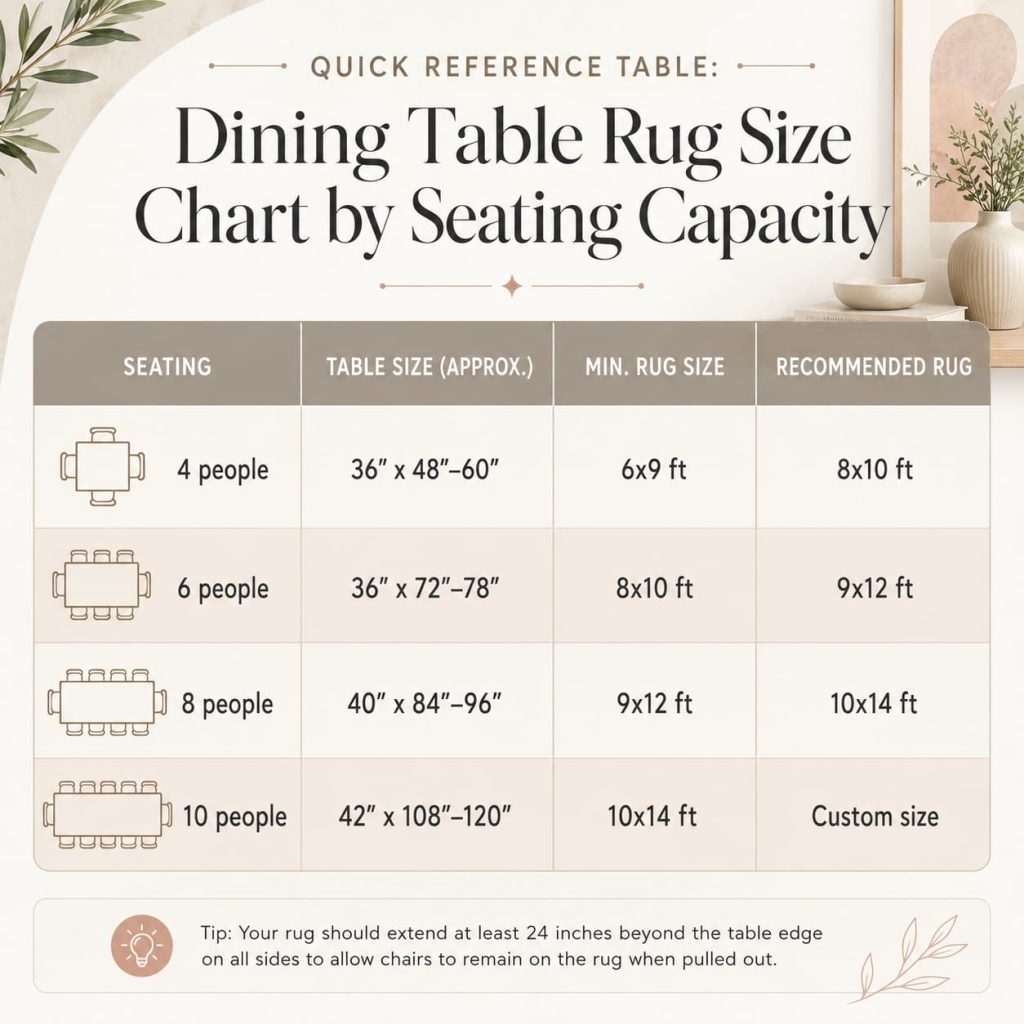 Infographic chart showing dining table rug sizes by seating capacity, with table dimensions, minimum rug sizes, and recommended rug sizes.
