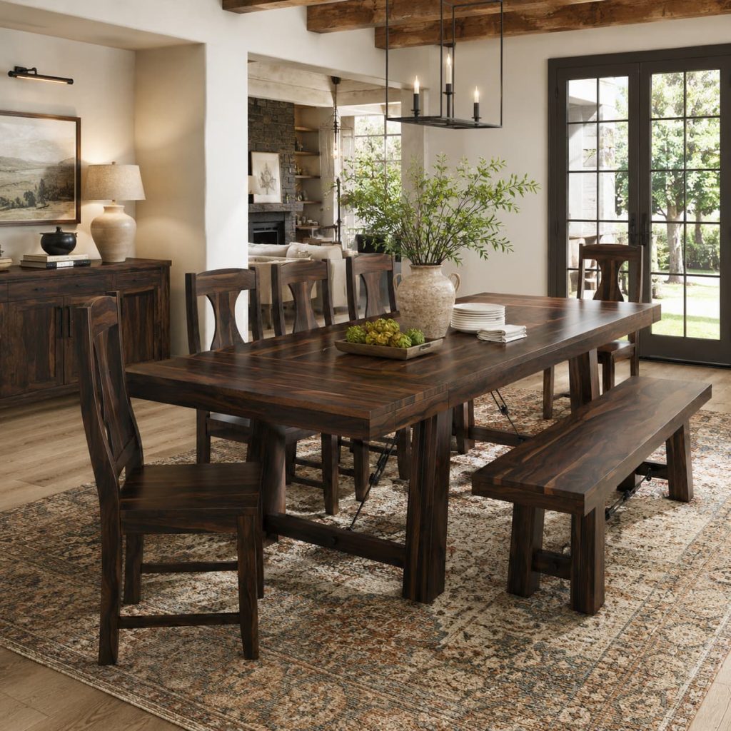 Tirana Rustic Solid Wood Large Dining Table With Extendable Leaves