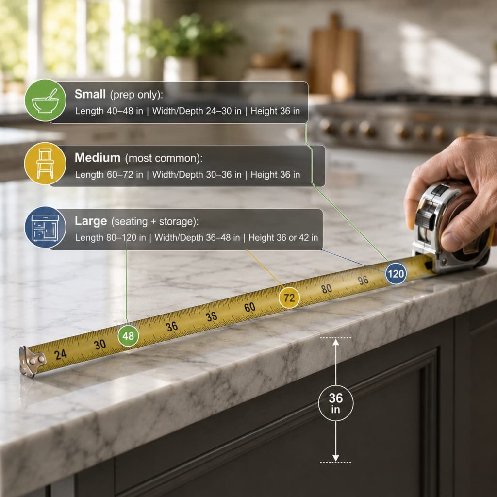 Measuring a marble kitchen island with a measuring tape and dimension overlays for small, medium, and large kitchen islands.