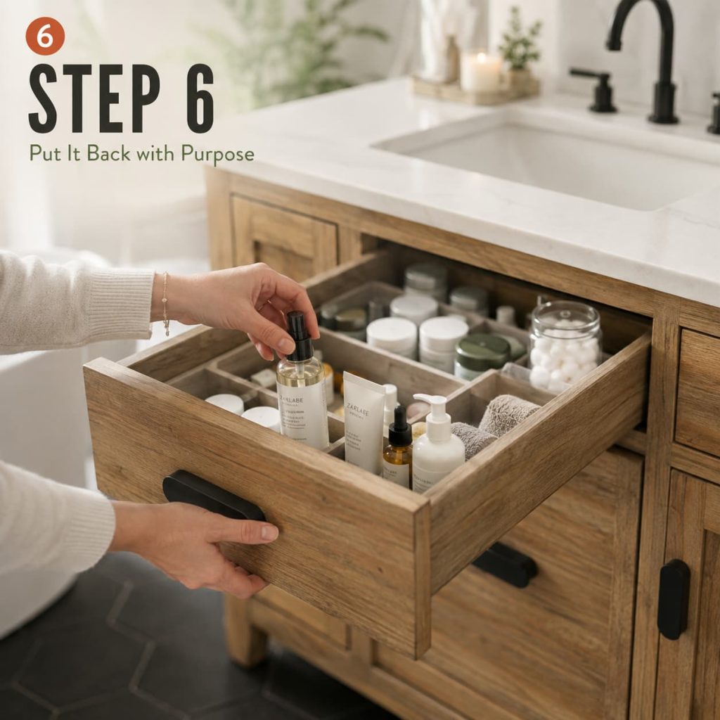 Placing daily skincare items at the front of a freshly organized bathroom drawer