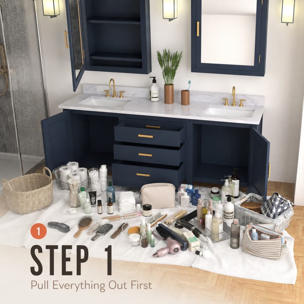 All bathroom cabinet items pulled out and spread on counter as step one of decluttering.