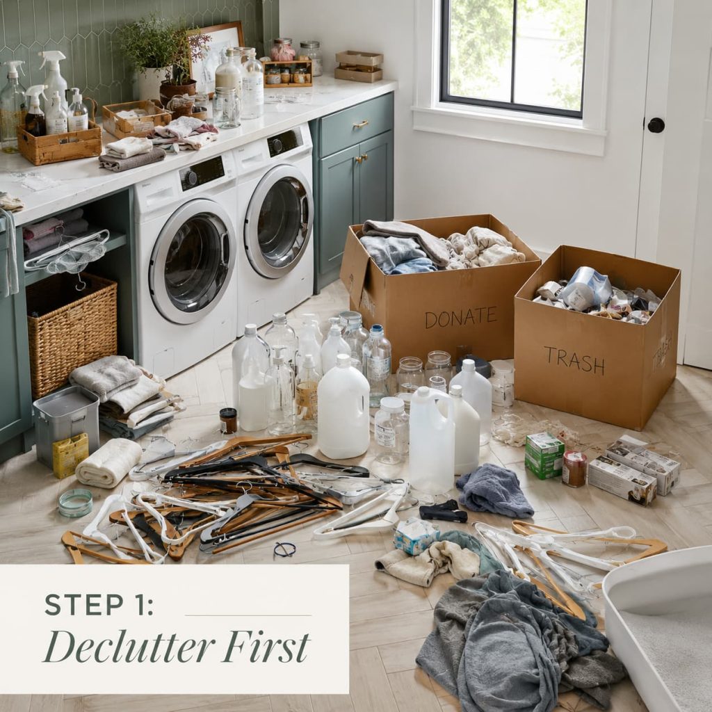 Laundry supplies pulled out onto the counter and floor, sorted into donate and trash boxes.