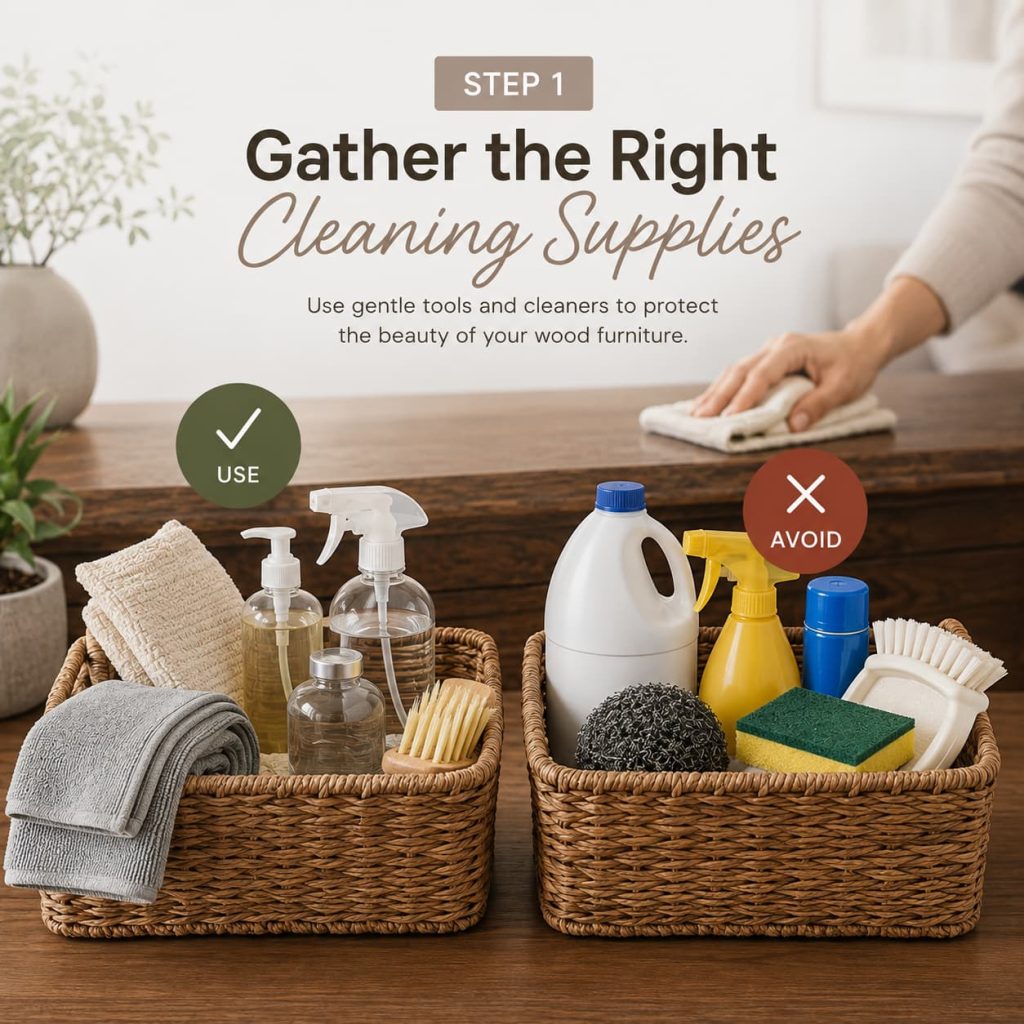 Two baskets showing recommended and unsuitable wooden furniture cleaning supplies.
