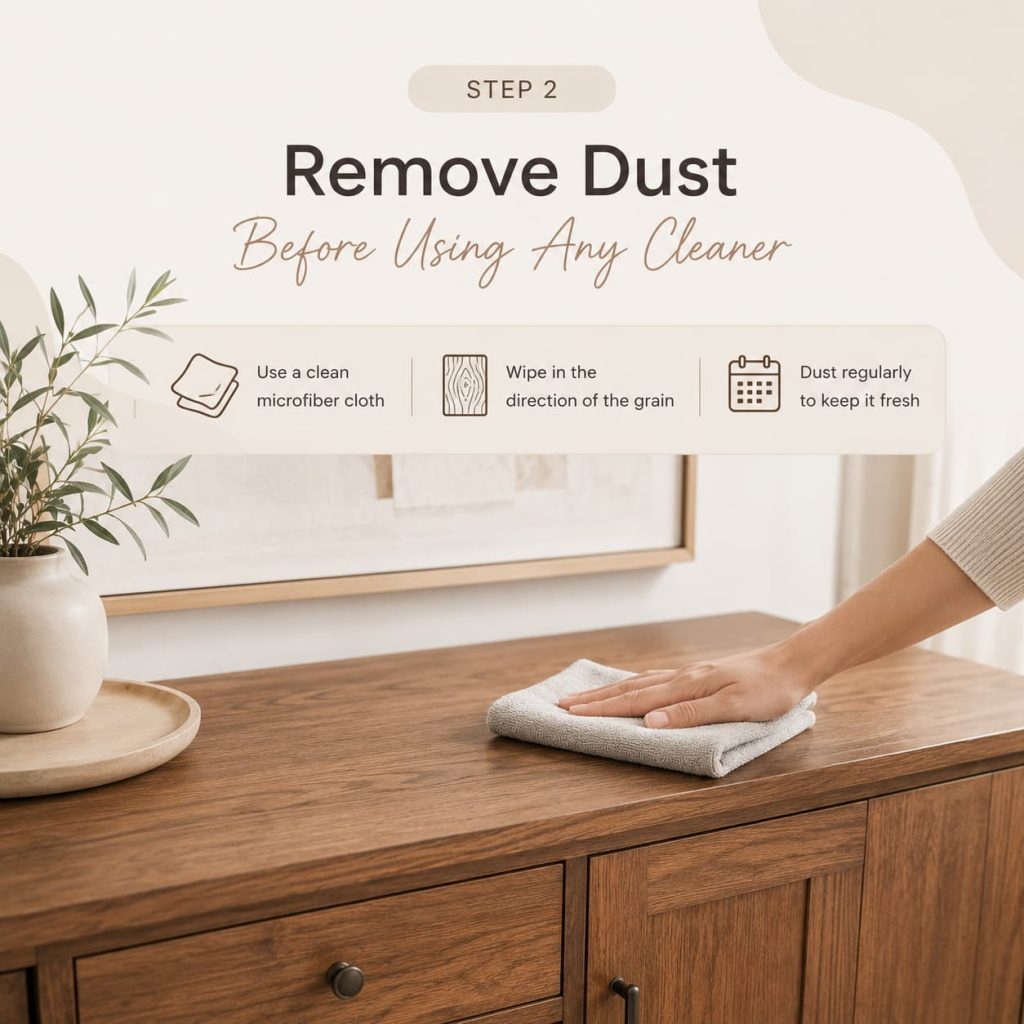 Dusting a wooden console with a microfiber cloth before cleaning.