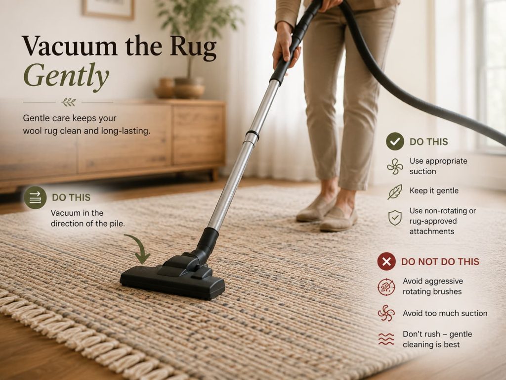 A person is gently vacuuming a wool rug with simple do and don't tips for safe care.