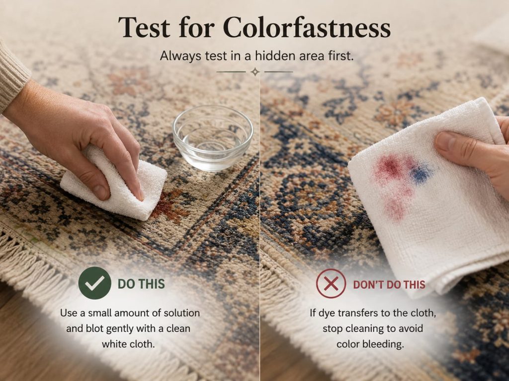 The colorfastness test on wool rug using white cloth, dye transfer signals to stop cleaning.