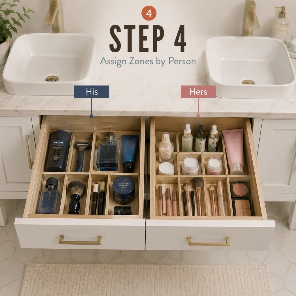 Shared bathroom drawer split into his and her organized zones for daily products
