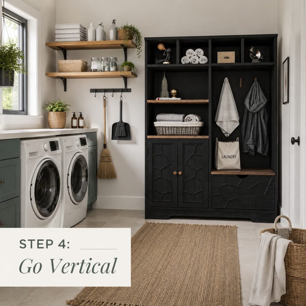 Small laundry room using wall shelves and a tall wood cabinet to save floor space