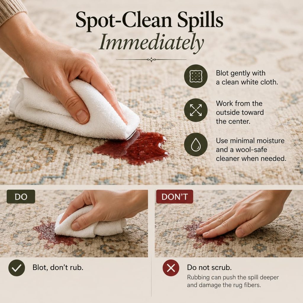 Do and don't wool rug spill care: blot gently with a white cloth, never scrub.