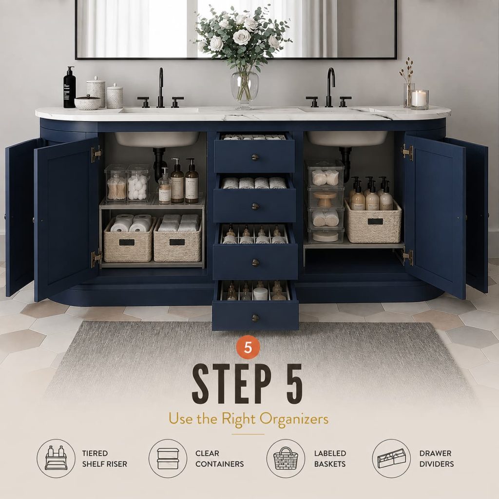 Under-sink cabinet with tiered shelf riser, clear bins, and labeled baskets organizing supplies