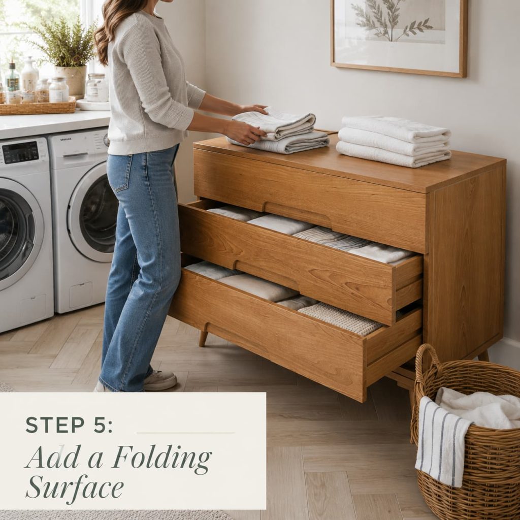 Hands folding towels on a solid wood laundry cabinet with a built-in folding counter