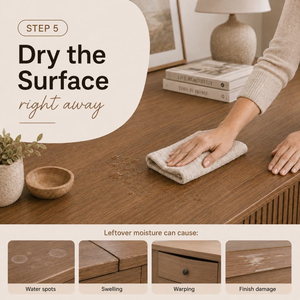 Dry wood furniture promptly to prevent water spots, swelling, warping and finish damage.