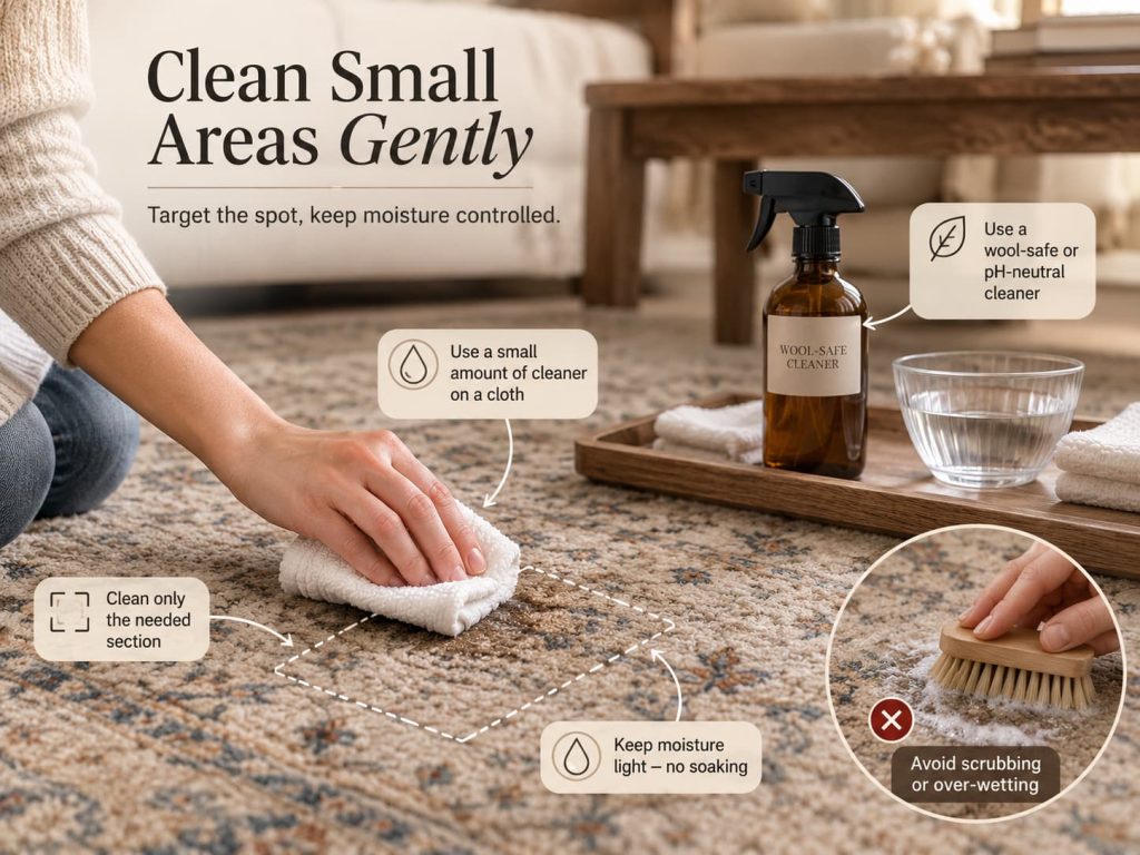 Gently cleaning a small wool rug area with a cloth, wool-safe cleanser, and minimal moisture.