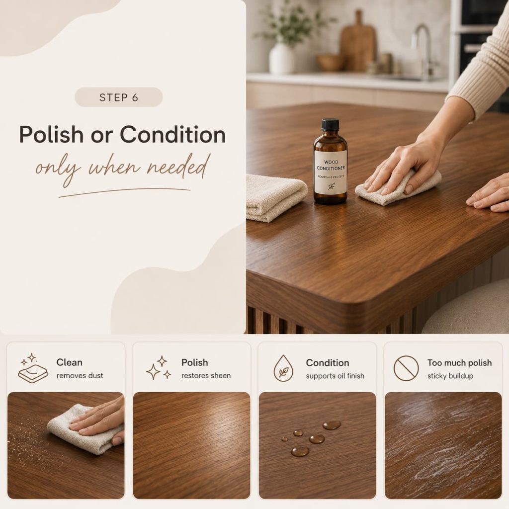 Clean, polish, or condition a wood kitchen island only as needed to protect its finish.