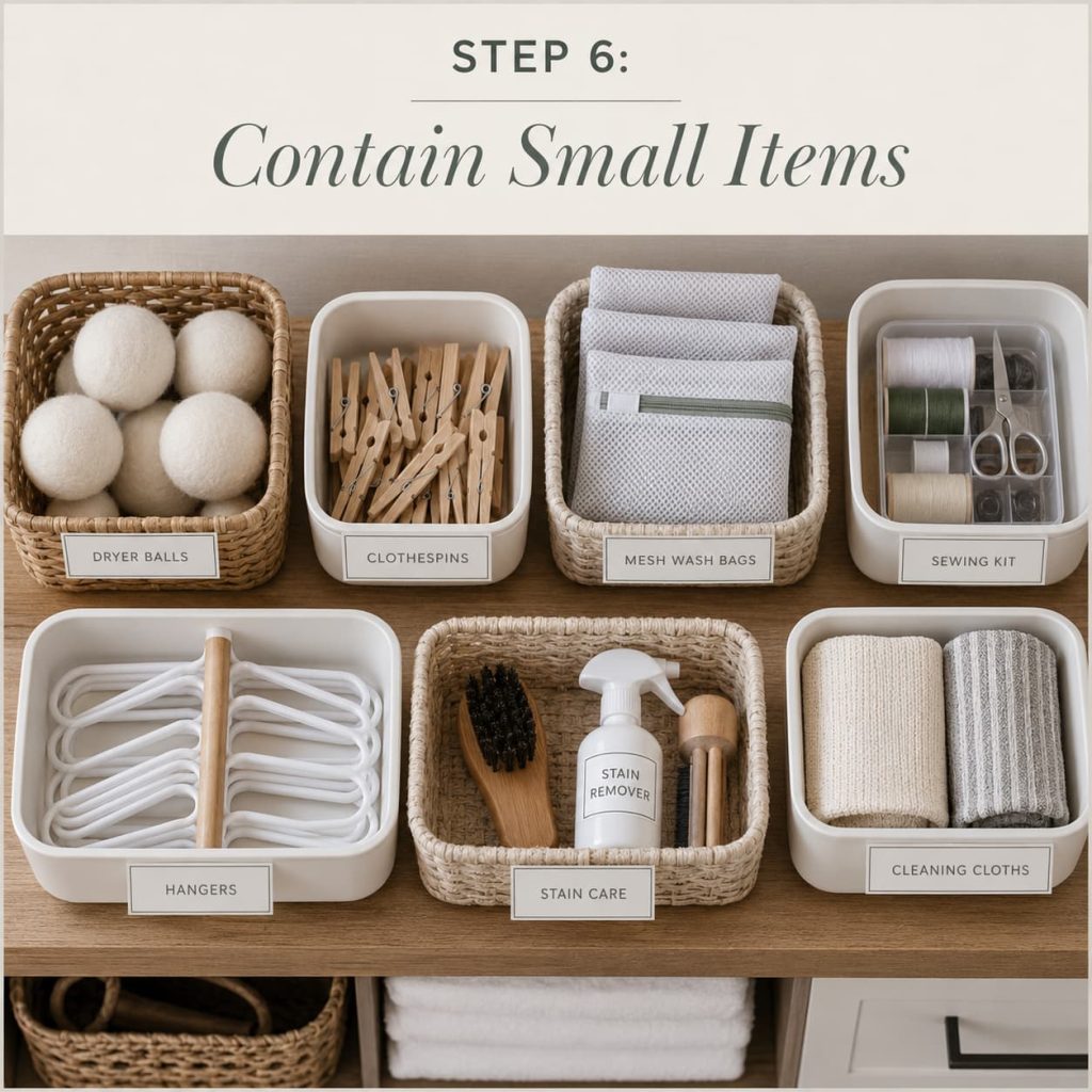 Small laundry items like clothespins and dryer balls organized in labeled bins