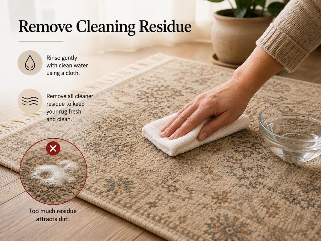 Removing wool rug cleaner residue gently with a damp white cloth and minimal clean water.