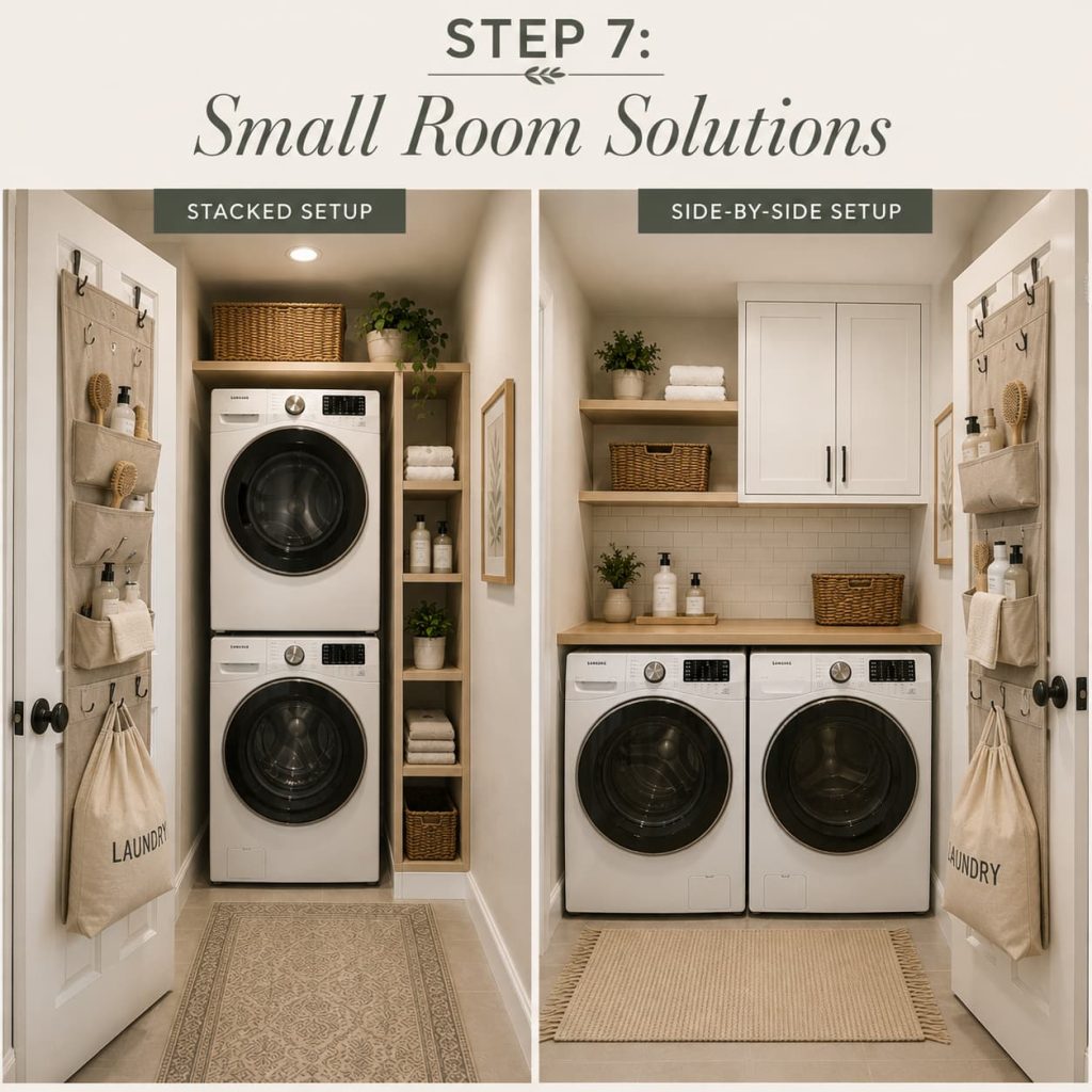 Compact laundry closet using stacked appliances, a slim shelf, and a door organizer