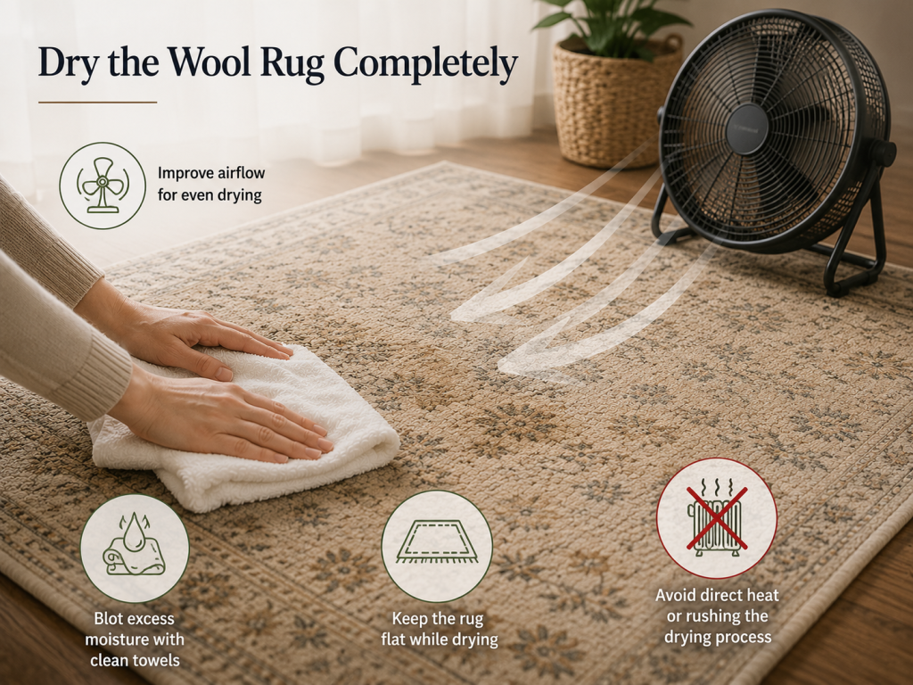 Drying a wool rug flat with clean towels and a fan while avoiding direct heat.