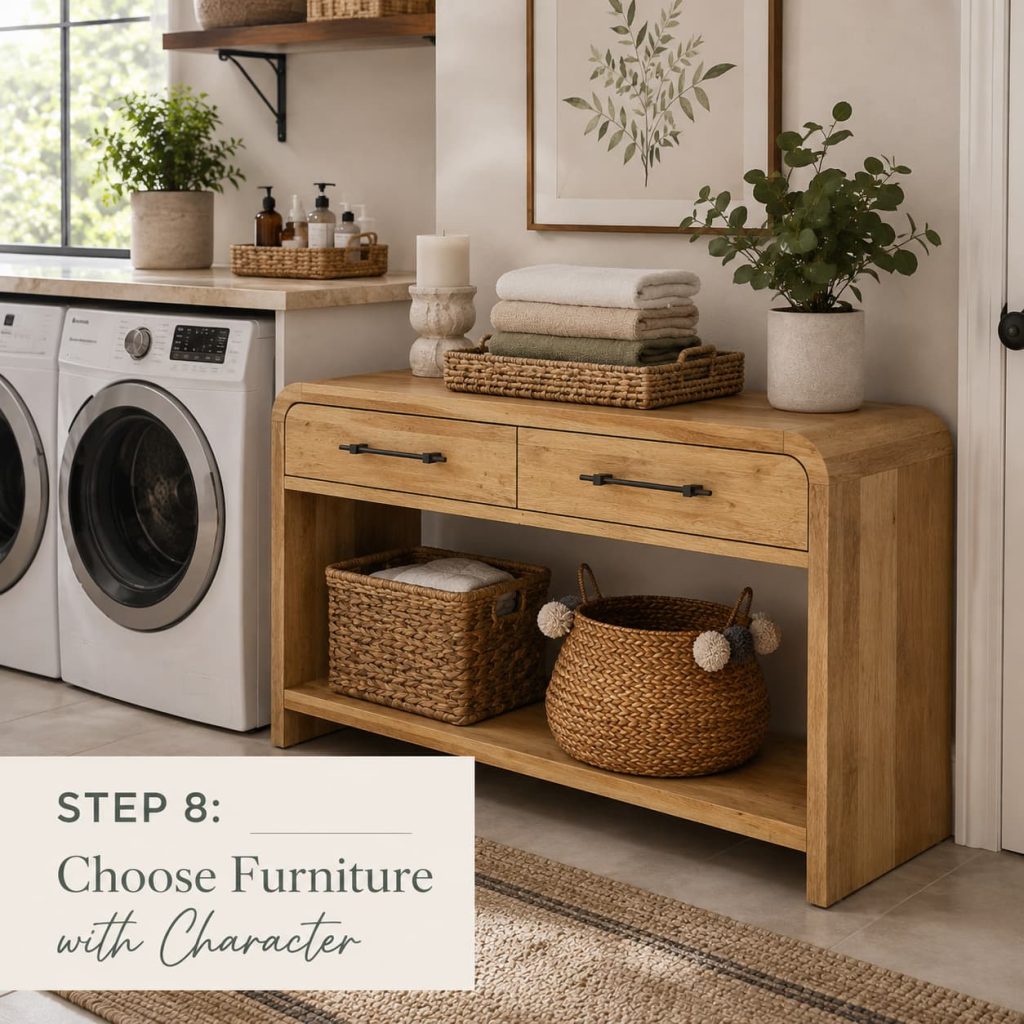Solid wood console table with drawers adding warmth and character to a laundry room