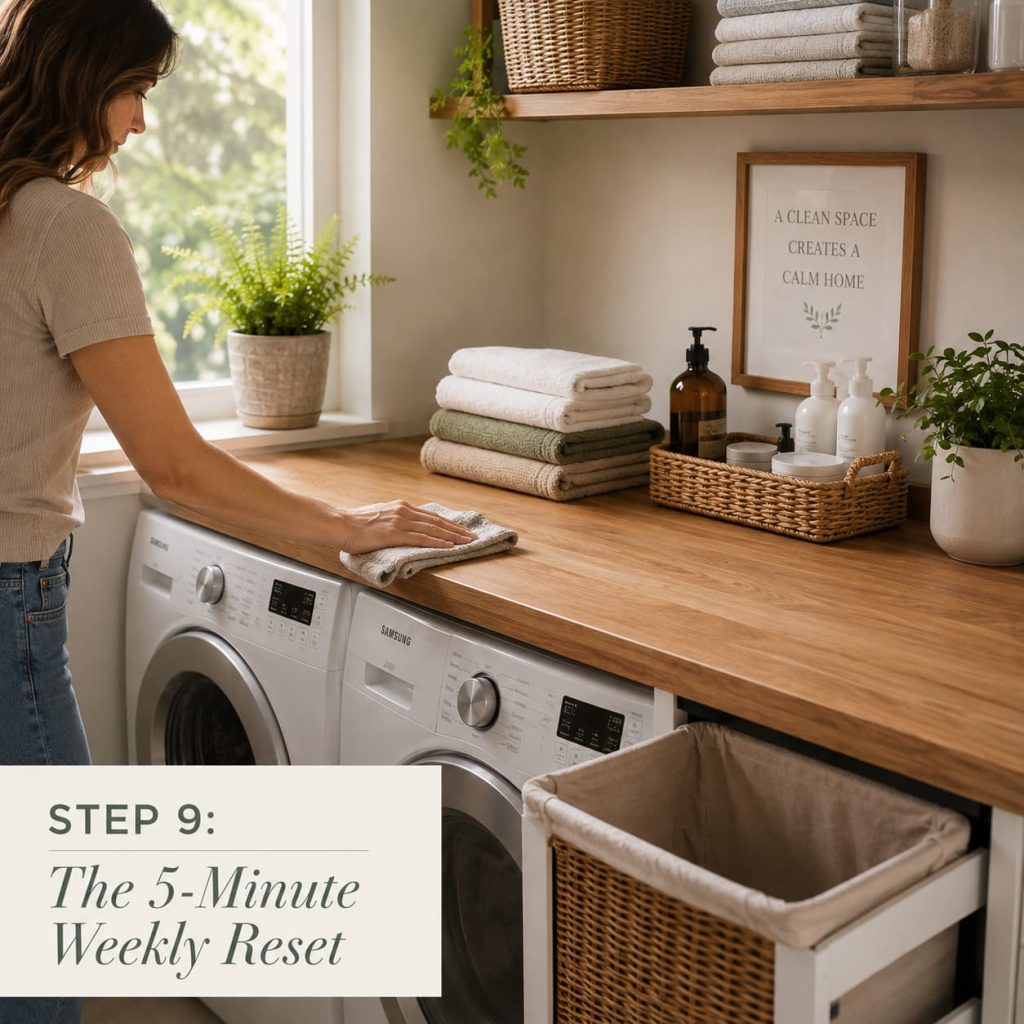 Hands wiping down a folding counter during a quick weekly laundry room reset