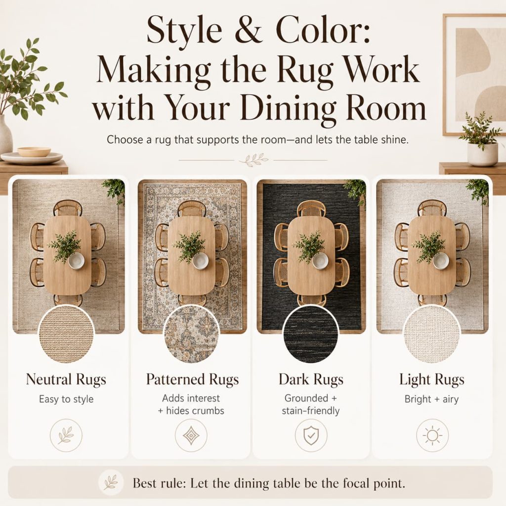Dining rug style guide comparing neutral, patterned, dark and light rugs, with tips for complementing dining tables.