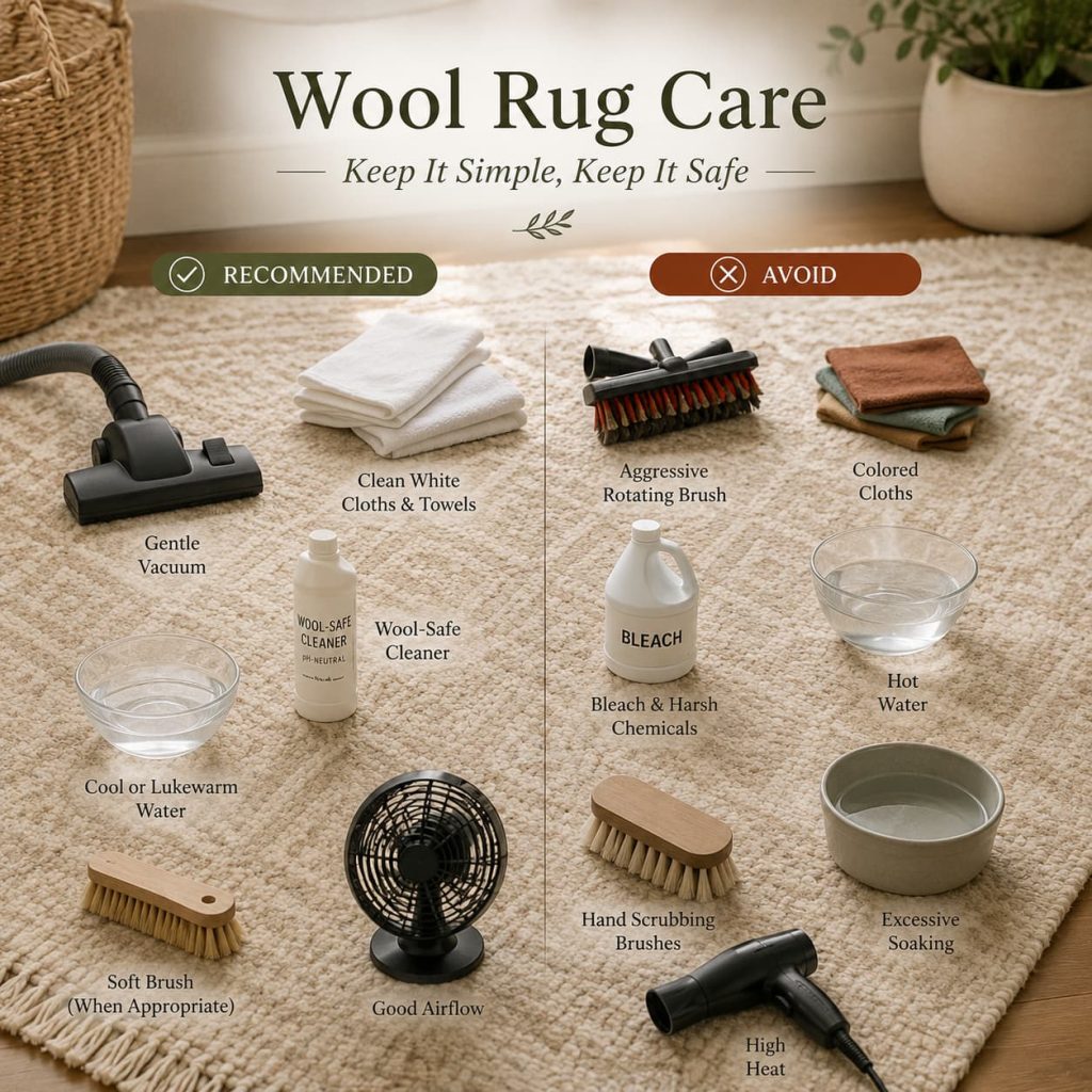 Wool rug cleaning essentials showing a gentle vacuum, white cloths, cleaner, brush, water, and fan.