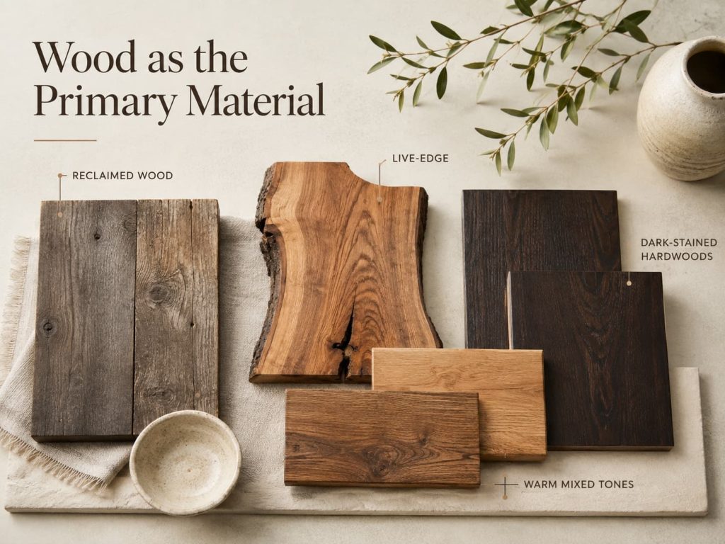 Warm ranch-style wood moodboard featuring reclaimed, live-edge, dark-stained, and mixed wood tones.