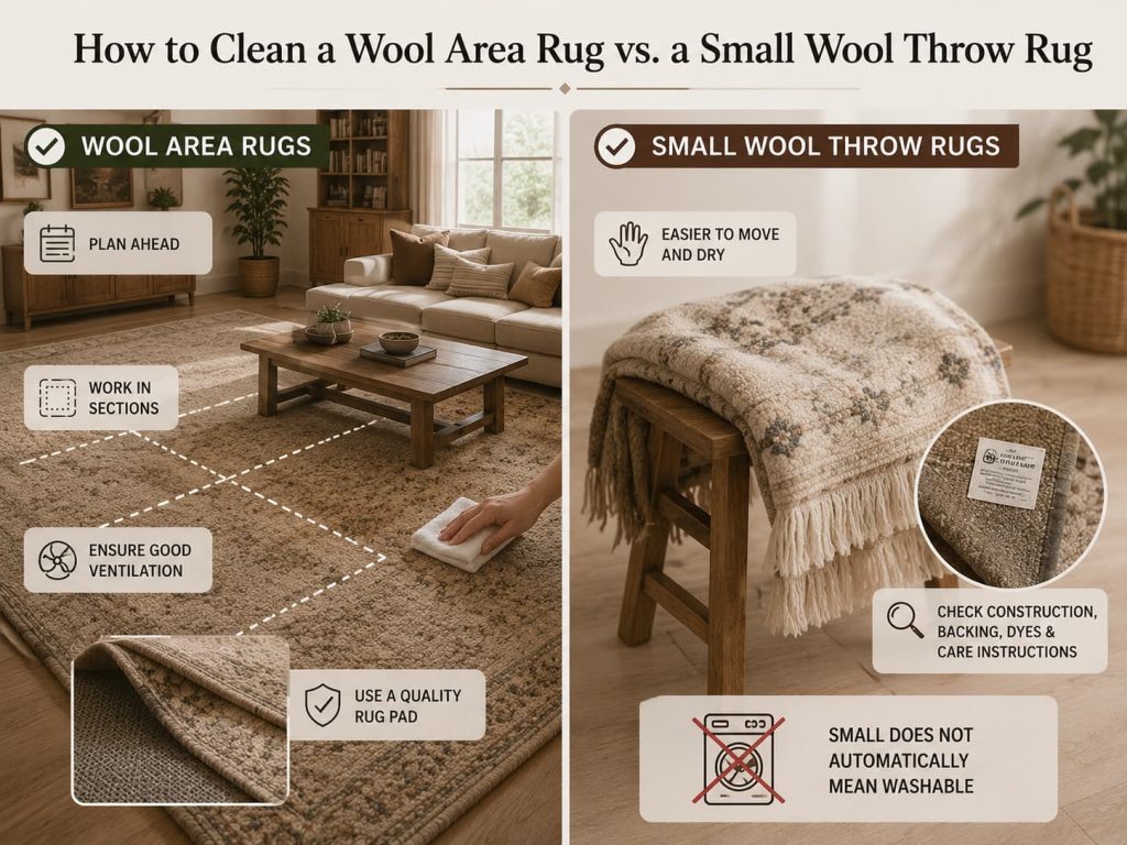 Comparison of cleaning a wool area rug and a small throw rug with size-specific care tips.