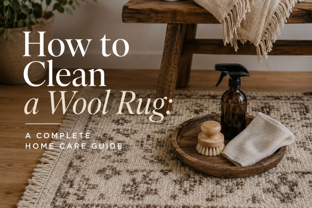 person gently blotting a patterned wool rug with a cloth and wool-safe cleaning spray.