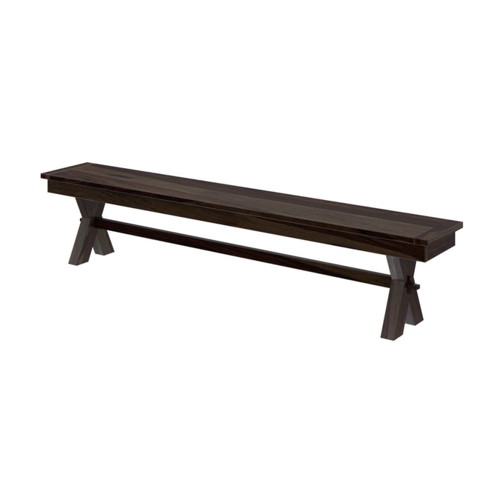 Dark wood dining bench with an X-shaped trestle base.