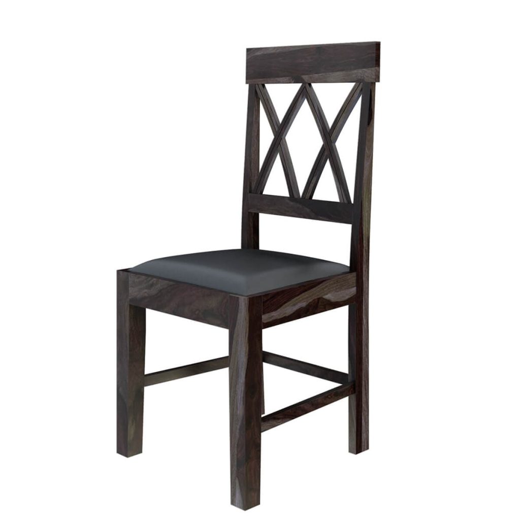 Dark wood dining chair with a double X-back design and gray seat.