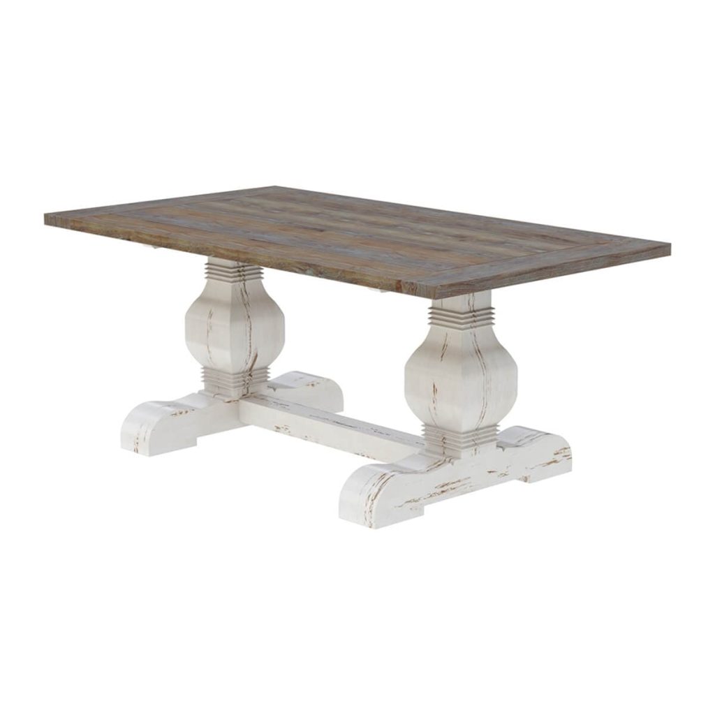 Greenville Farmhouse Two-Tone Teak Wood Trestle Pedestal Dining Table