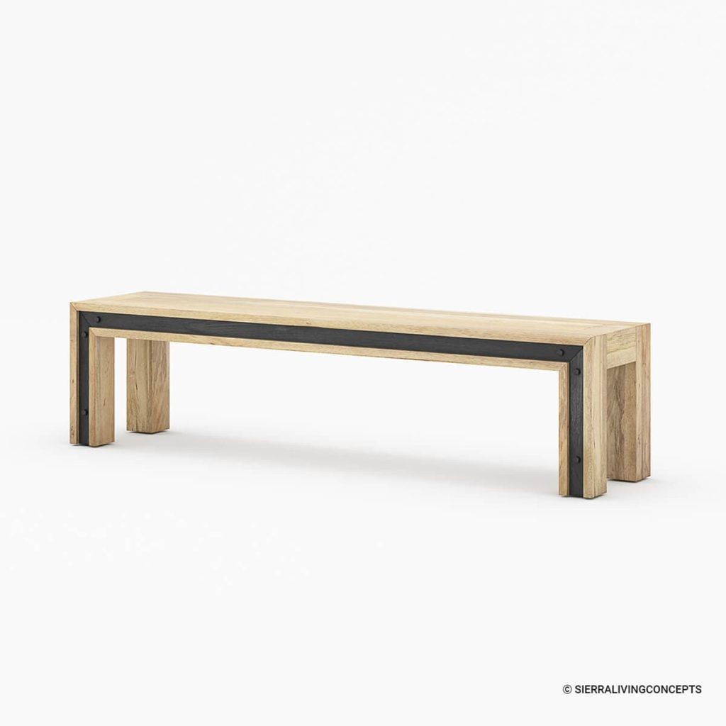 Rustic wood dining bench with a black metal accent strip along the frame.
